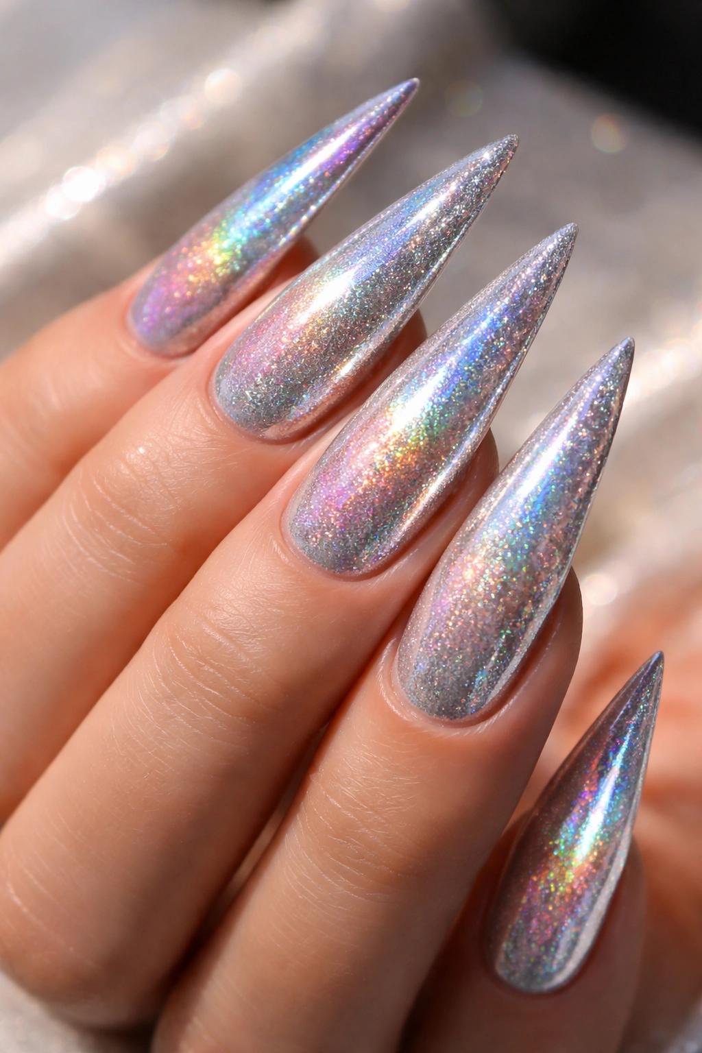 Silver stiletto nails with holographic sparkle overlay