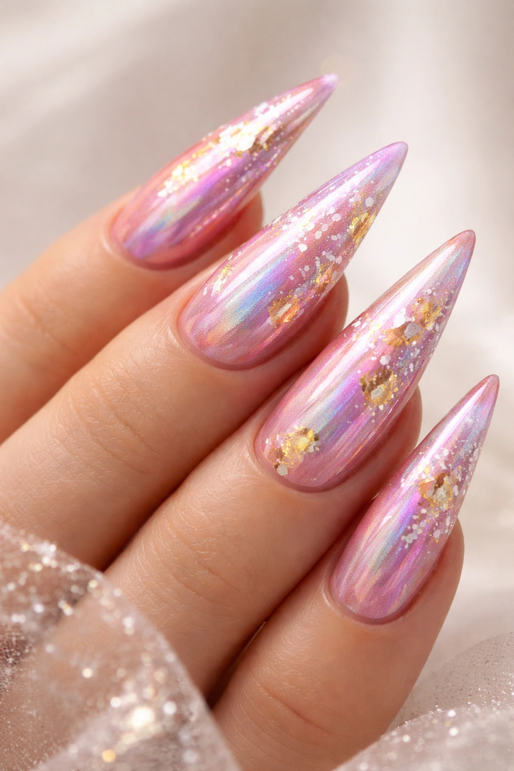 Close-up of holographic pink stiletto nails with gold accents on a neutral background