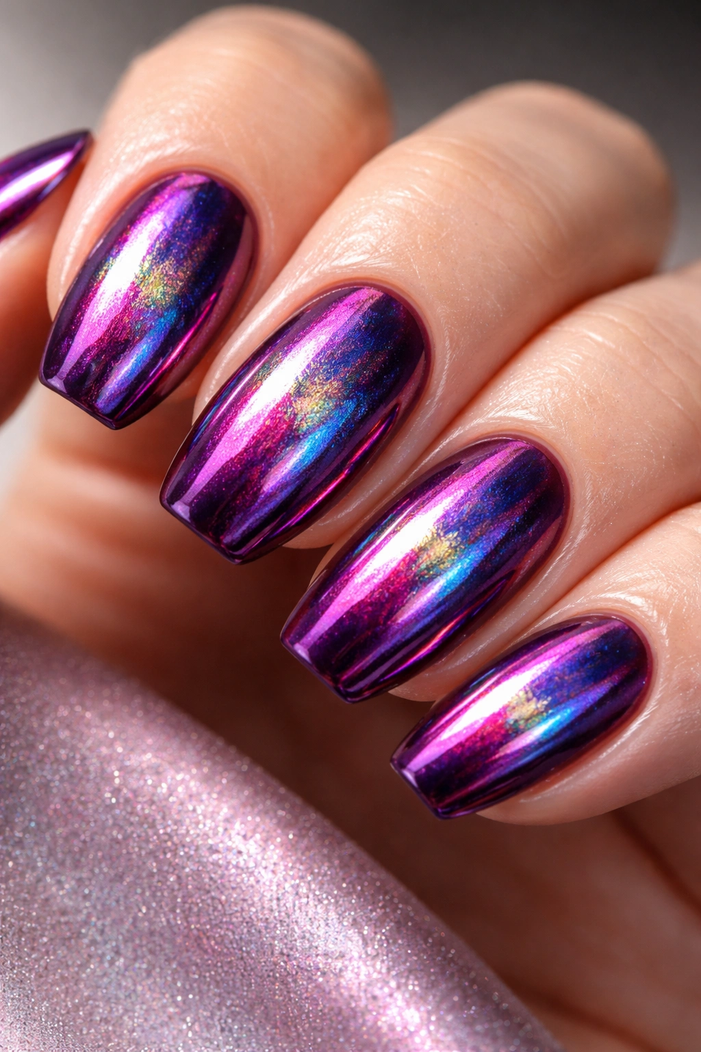 Close-up of holographic berry chrome nails on a deep plum base with iridescent color shifts