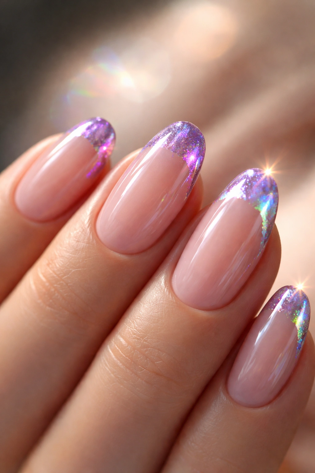 Close-up of short almond nail with holographic purple French tip and iridescent reflections