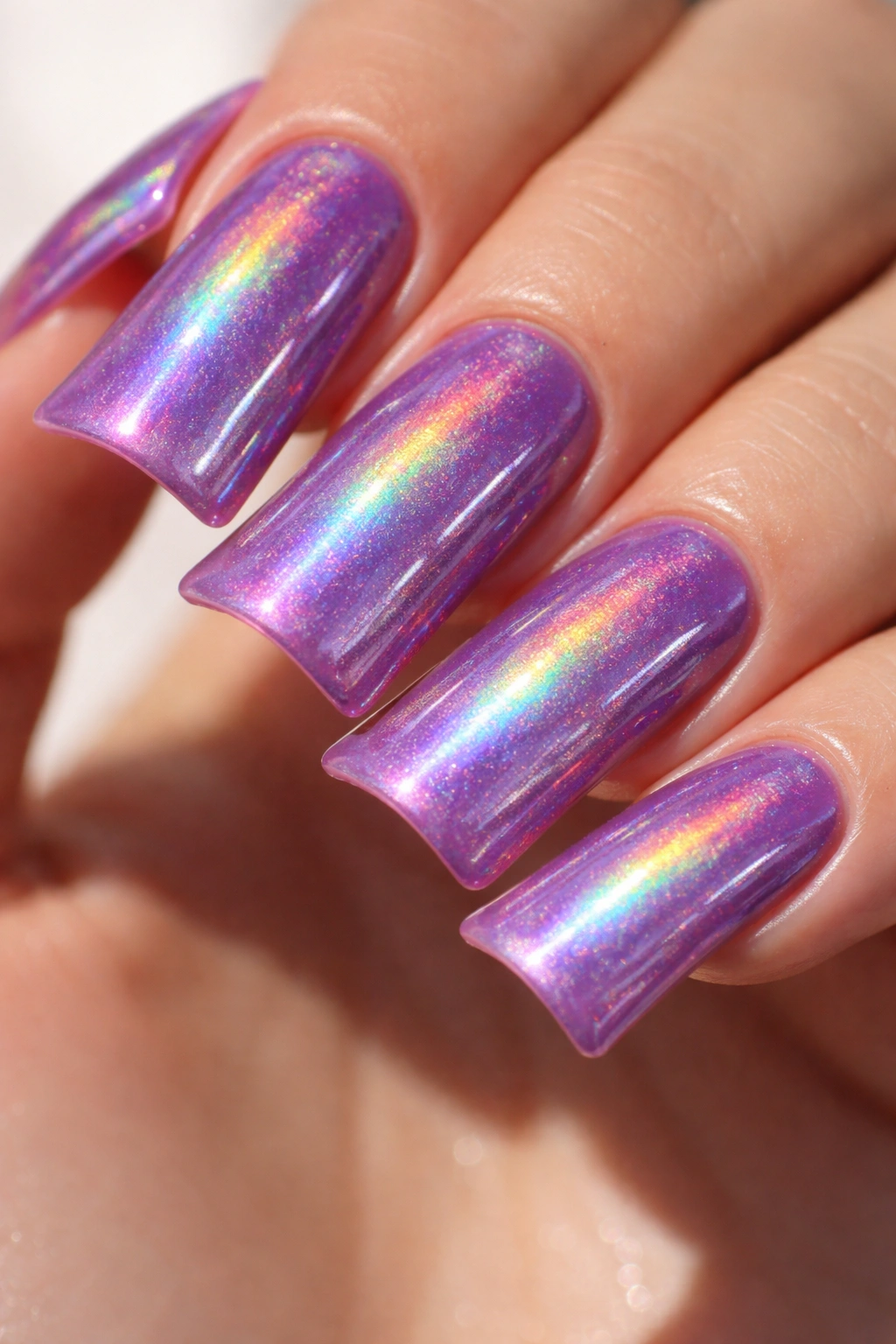 Macro view of holographic purple duck nails showing rainbow color shifts