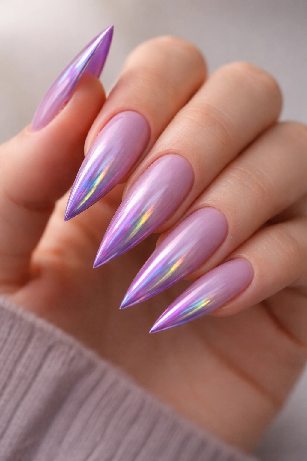 Close-up of pale purple to white gradient nails with holographic purple tips catching rainbow reflections