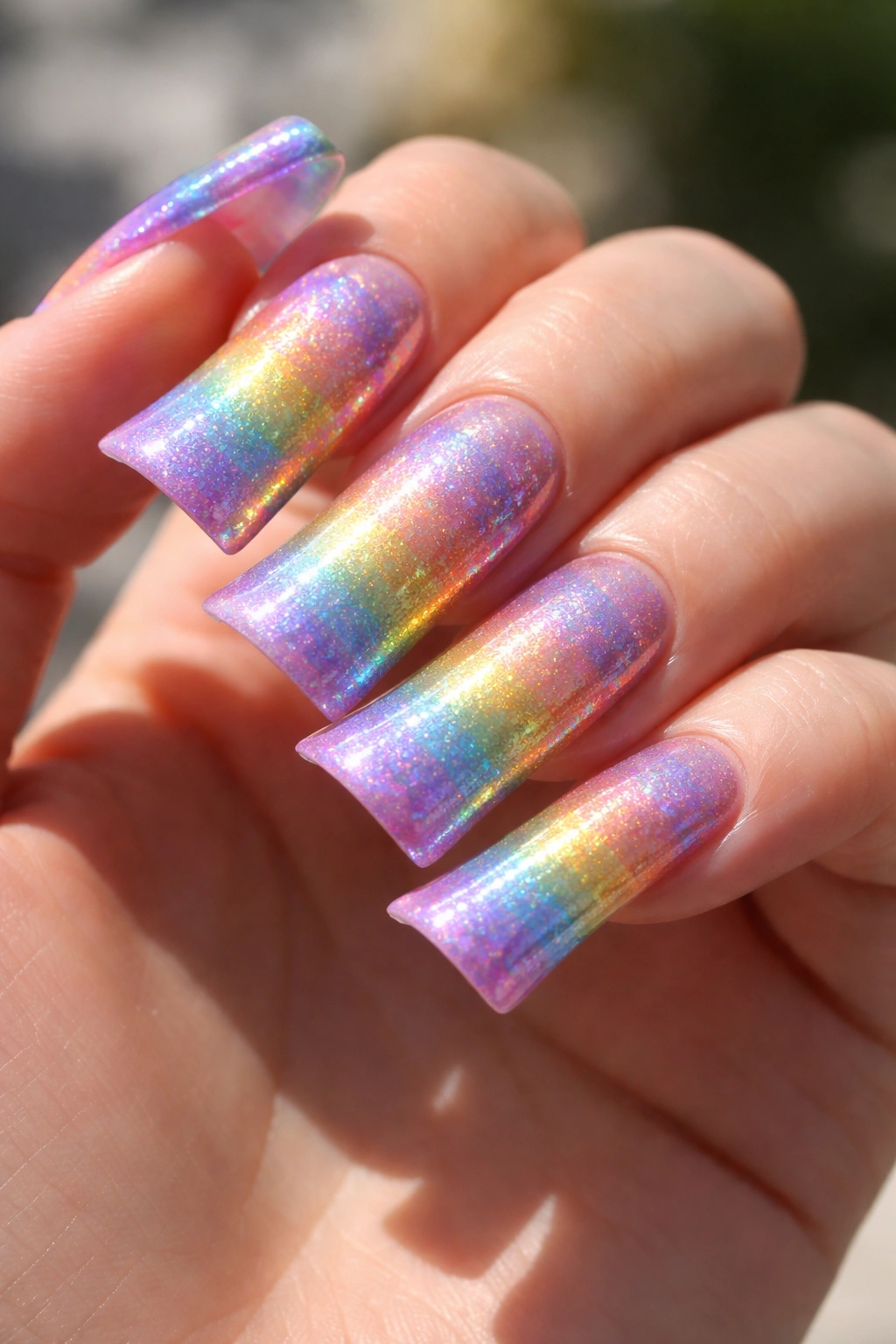 Close-up of holographic rainbow duck nails catching light with shimmer
