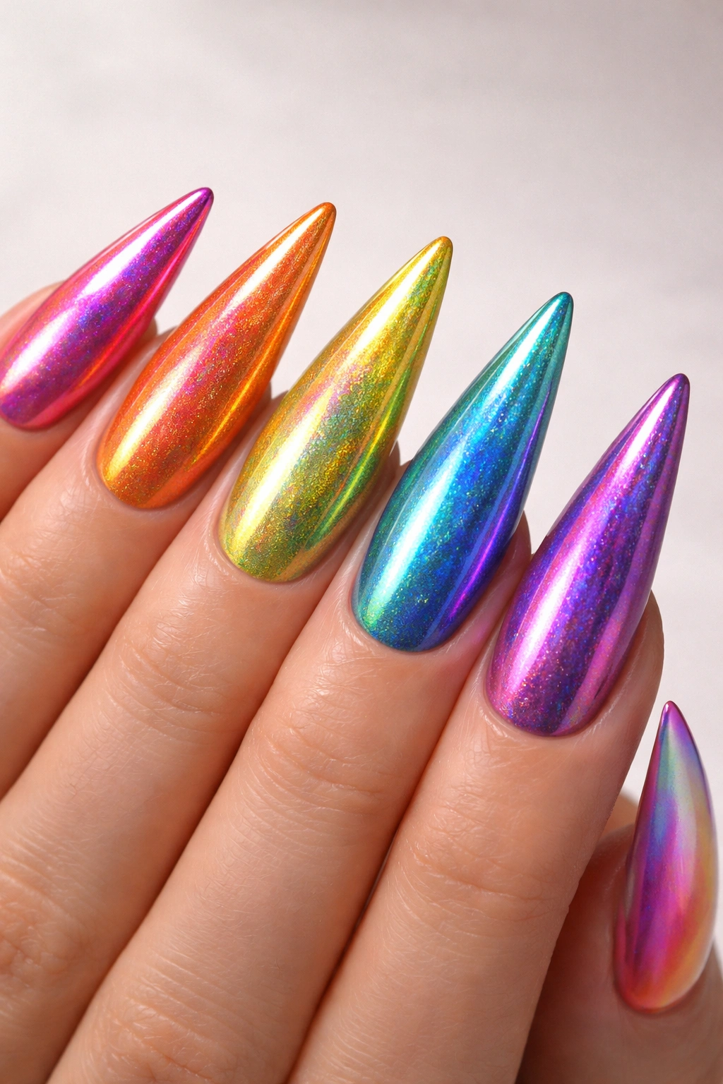 Close-up of holographic rainbow color nails on stiletto shape