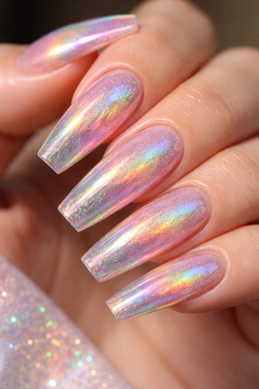 Coffin nails with holographic rainbow powder on a clear base