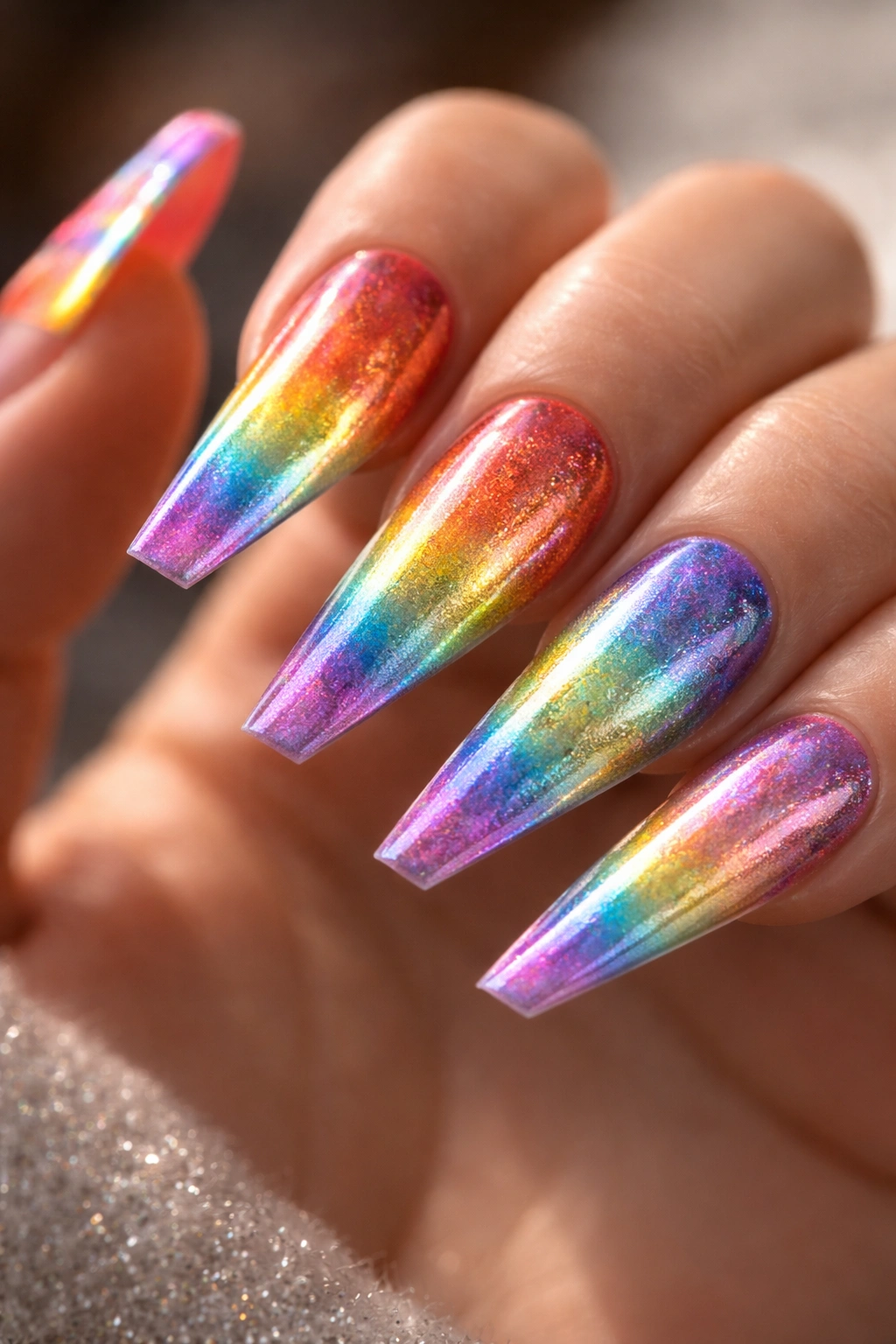 Reverse stiletto nails with holographic rainbow gradient