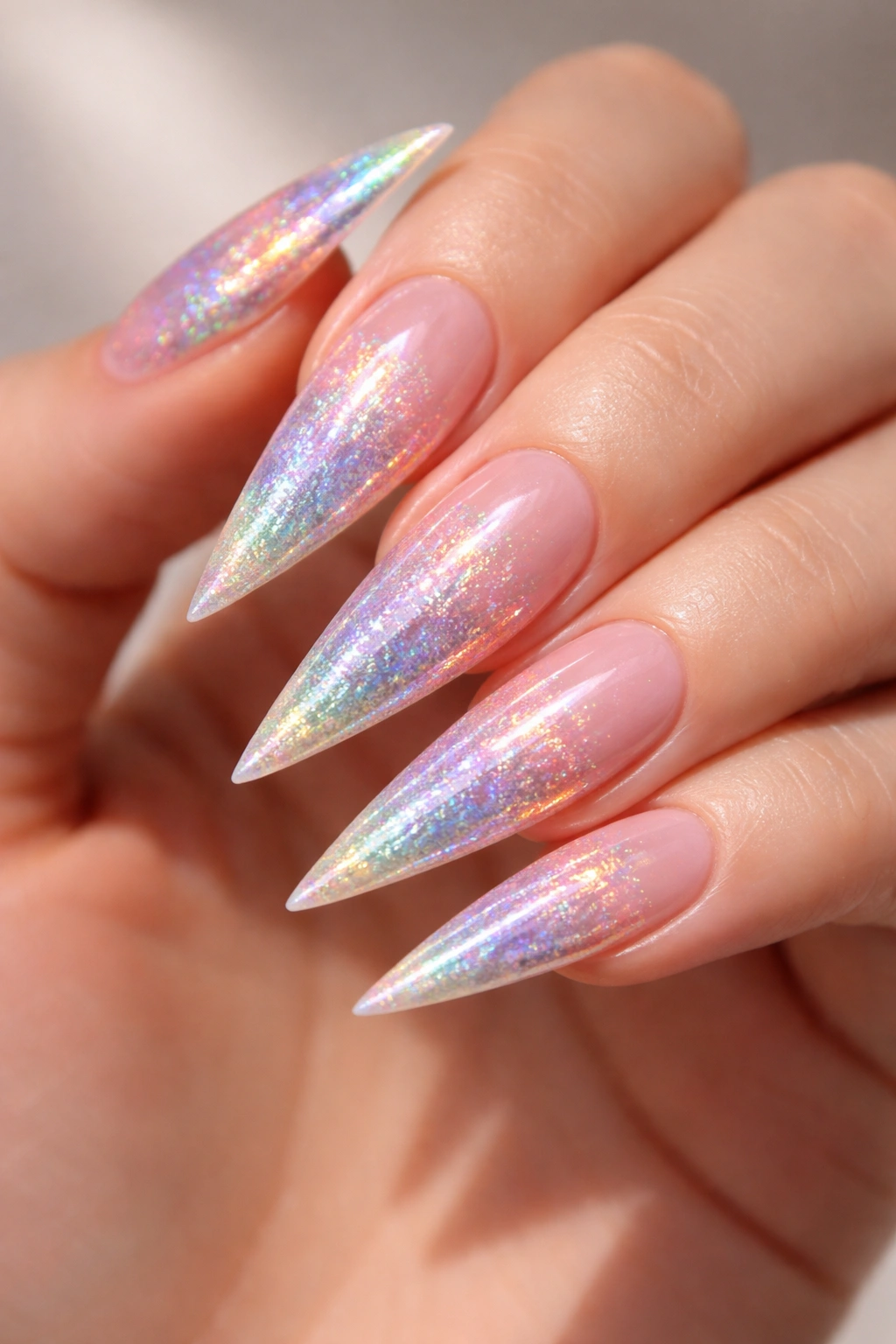 Macro of holographic rainbow sparkle on stiletto nails with shifting colors