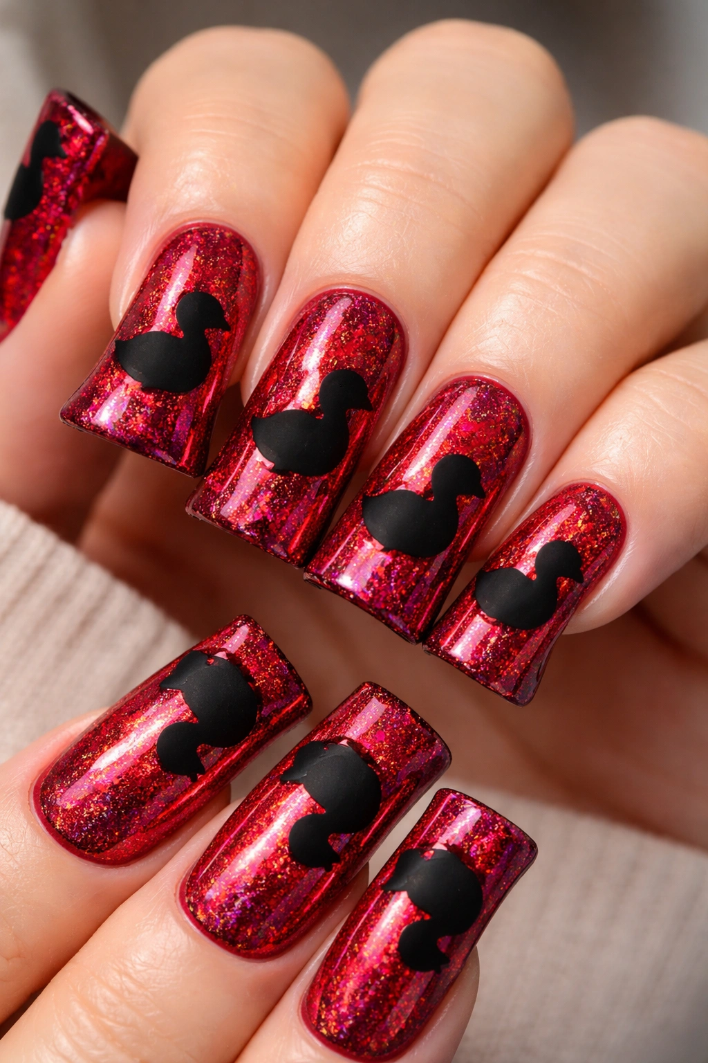 Close-up of holographic red duck nails with black silhouettes in a studio setting