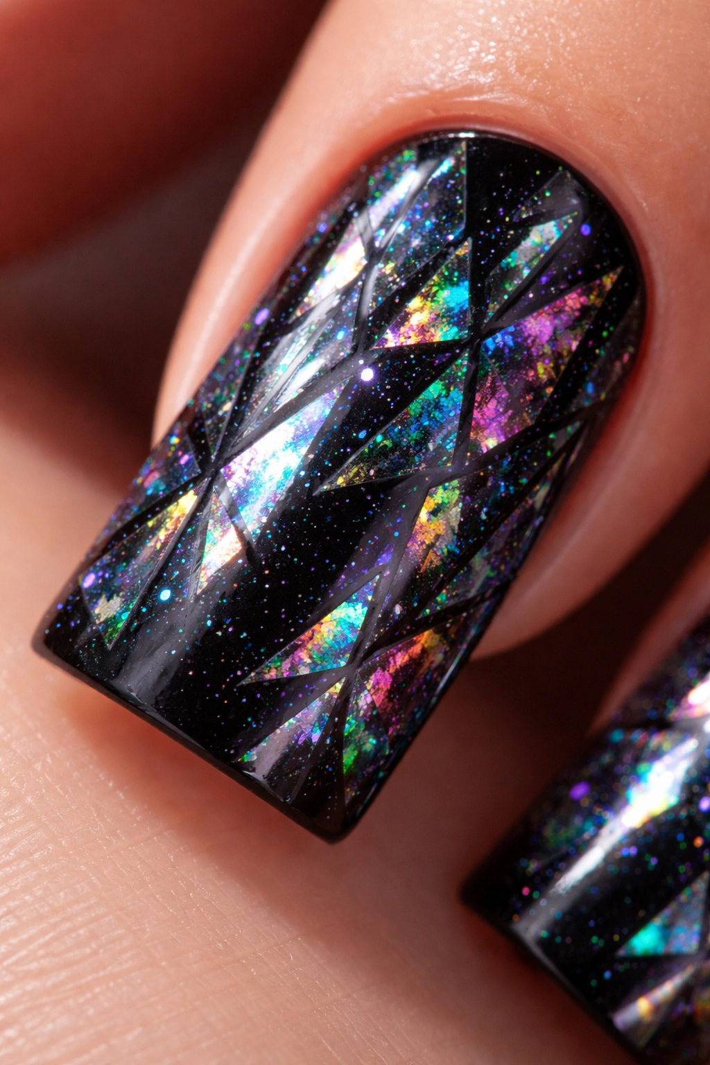 Close-up of black nails with holographic shattered glass prism effect under bright light