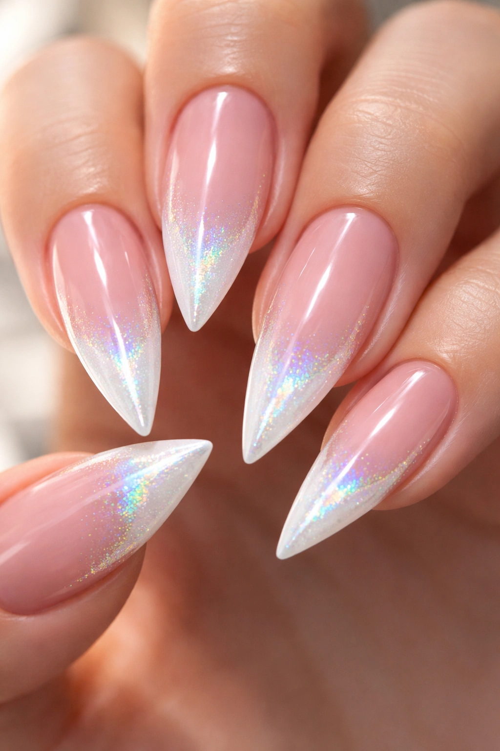 White-tip nails with subtle holographic shimmer