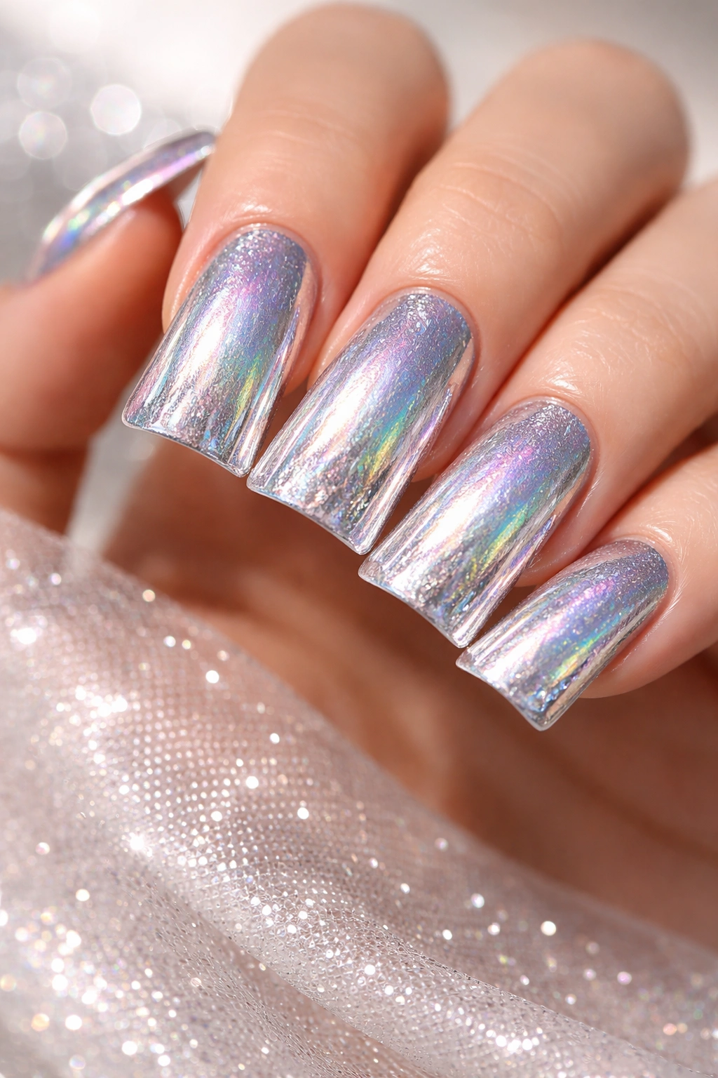 Duck nails showing holographic shift over a silver base.