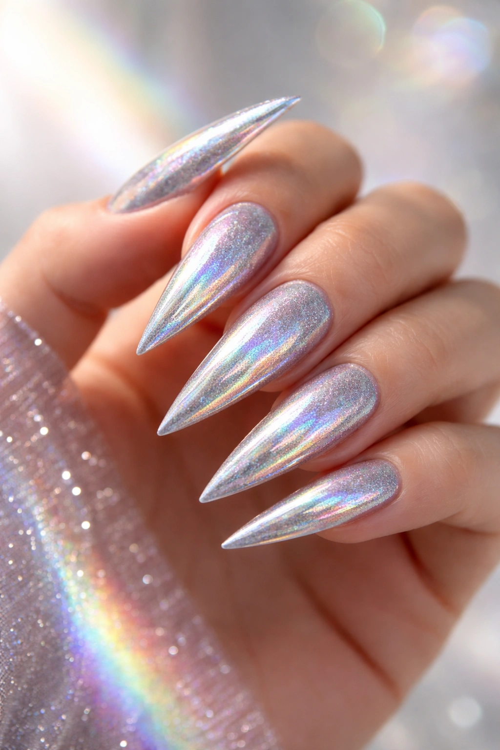 Stiletto nails with holographic silver shimmer showing rainbow colors