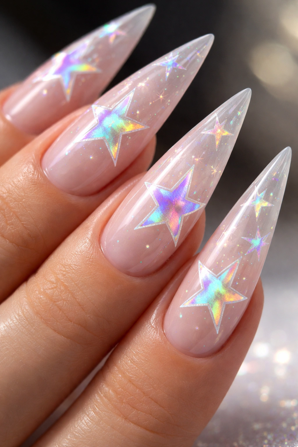Stiletto nails with holographic star pattern showing rainbow color shifts