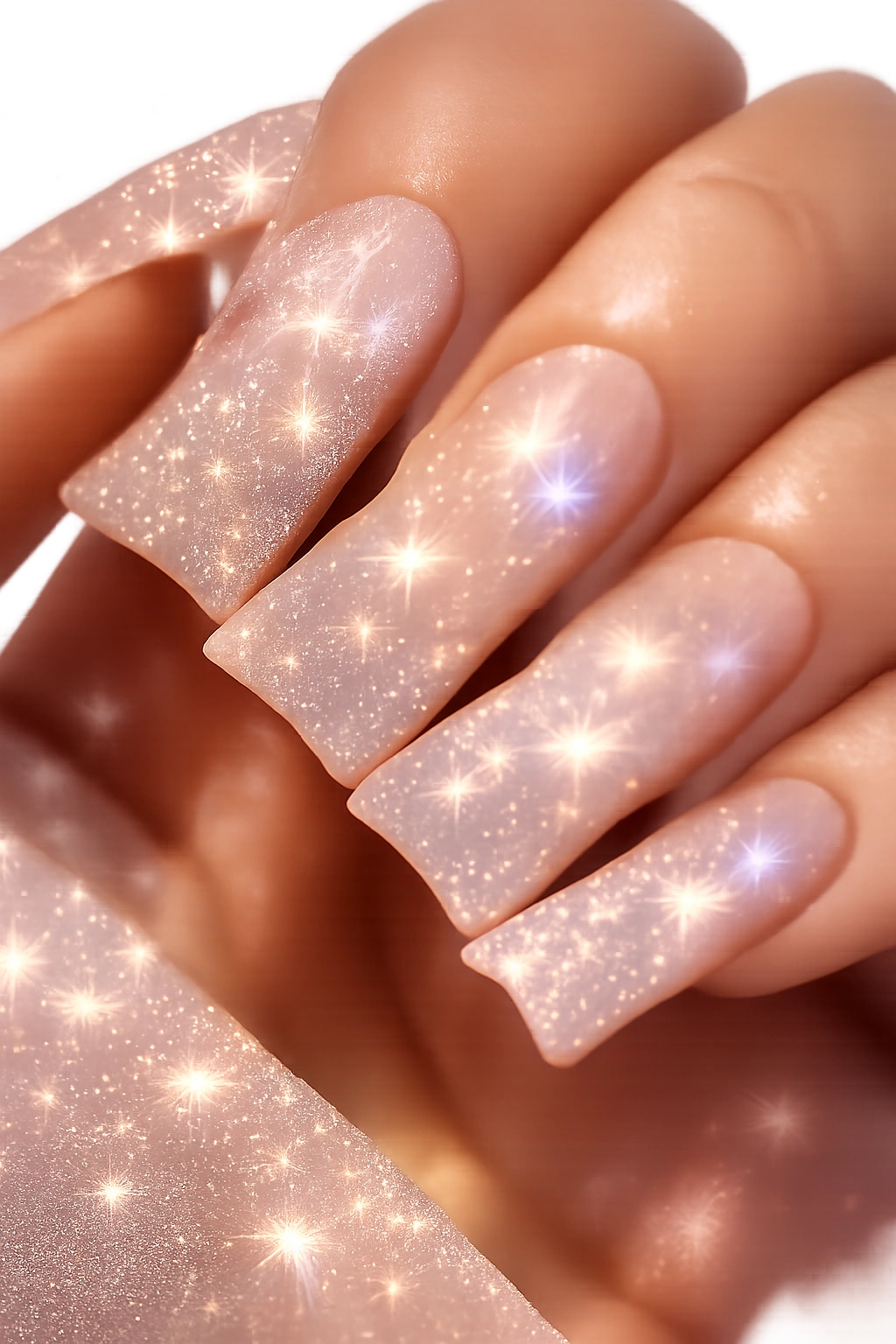 Close-up of translucent nude nails with holographic star specks