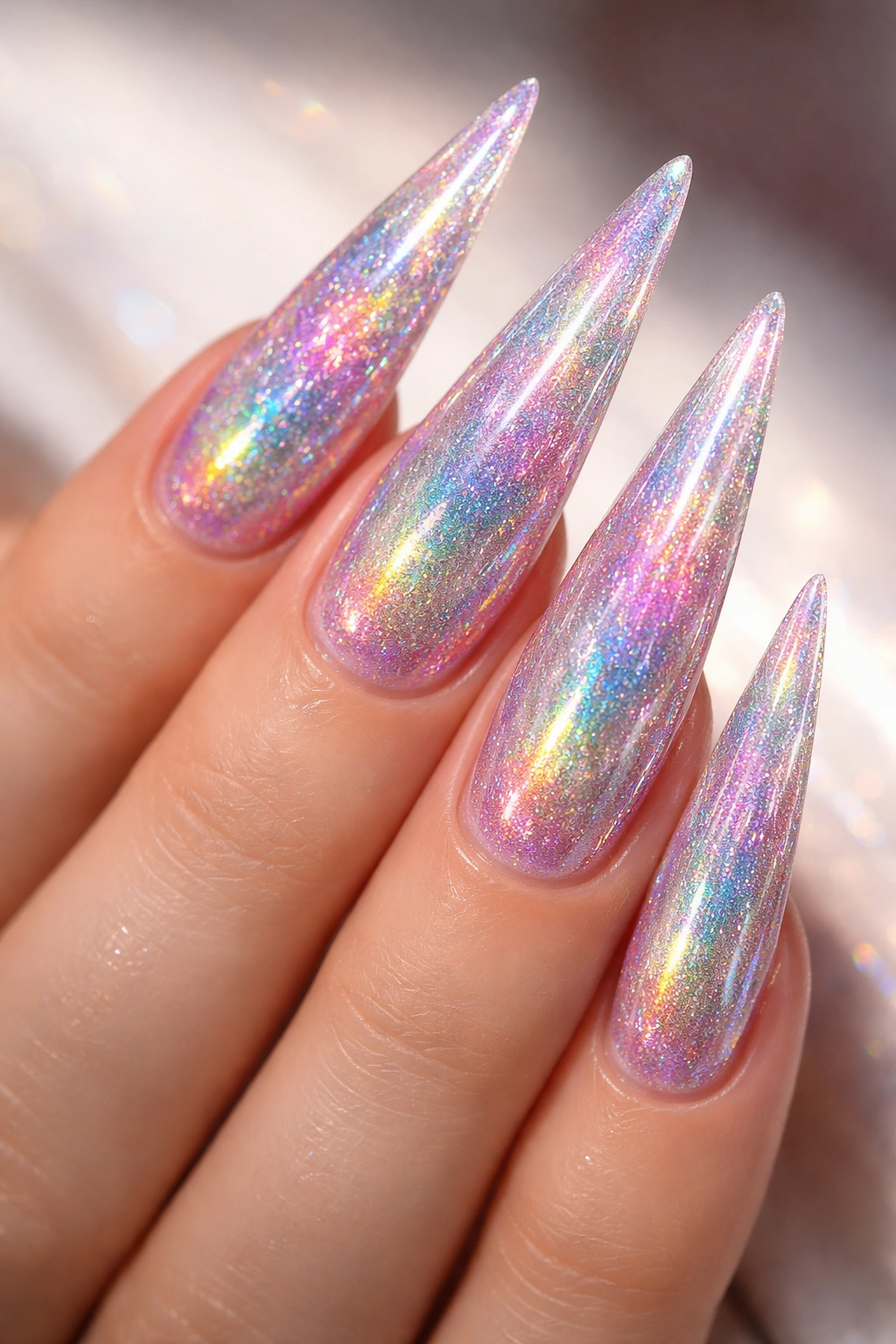 Close-up of holographic stiletto nails with rainbow sparkle effect.