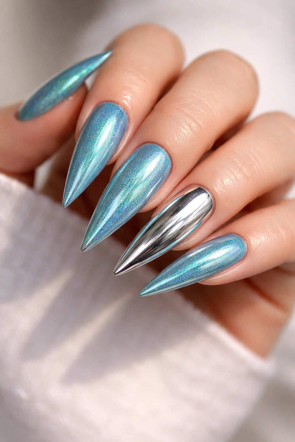 Close-up of holographic teal stiletto nails with silver mirror accents