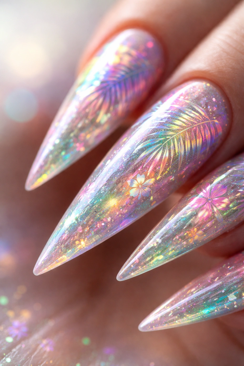 Stiletto nail with holographic base and tropical leaf motifs