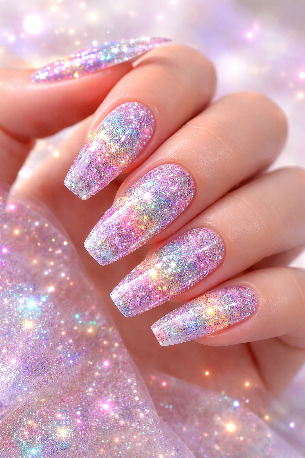 Nails with holographic glitter on a white/iridescent base