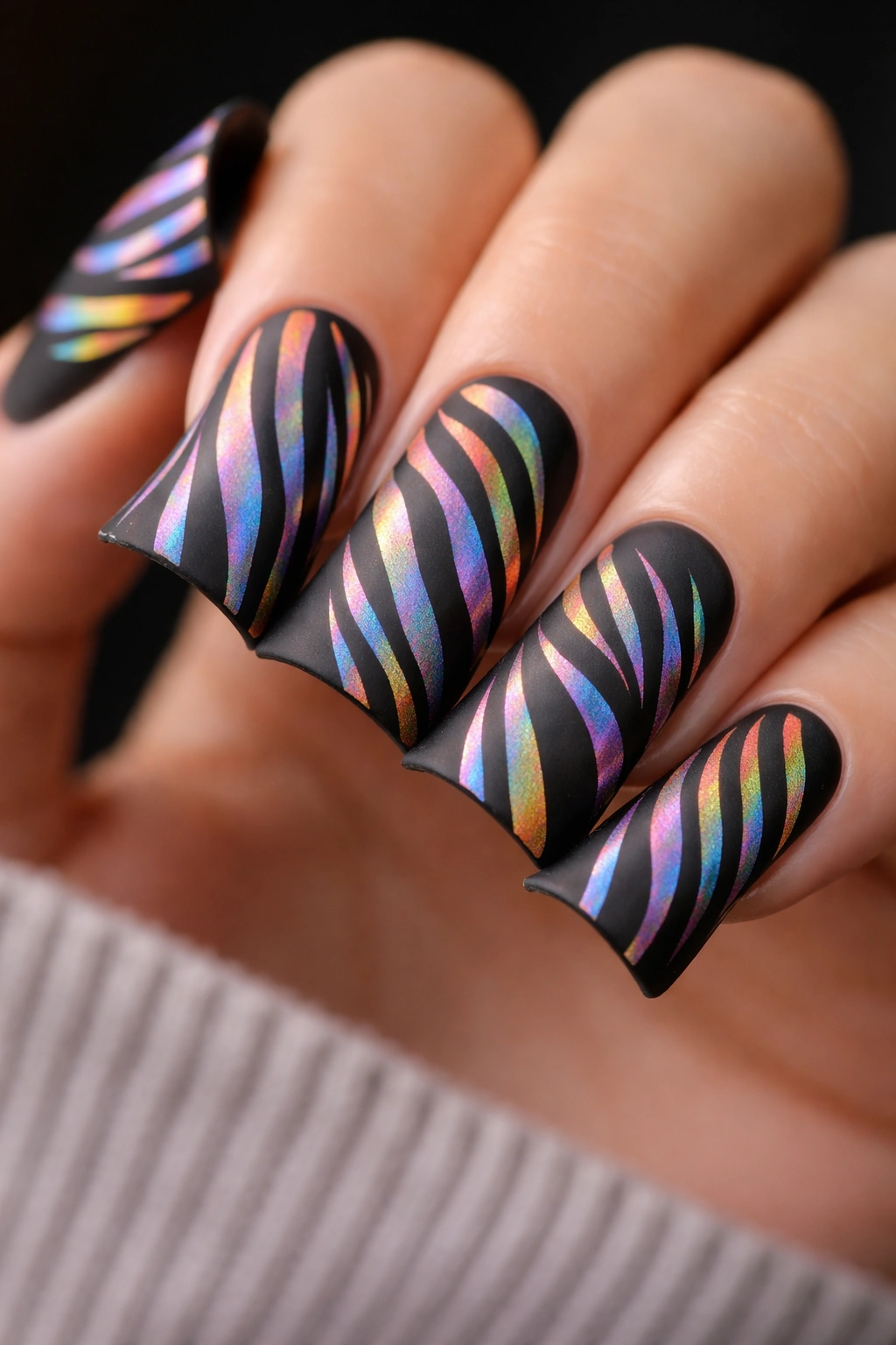Macro view of holographic zebra stripes on a matte black duck nail