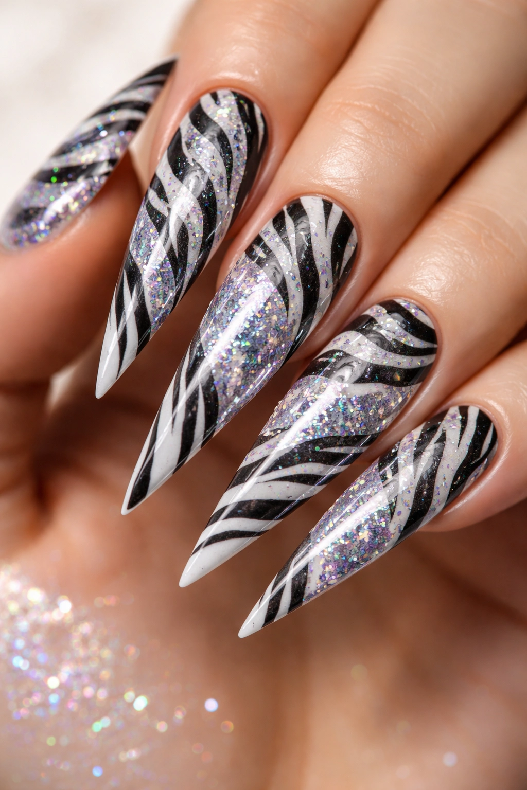 Stiletto nails with holographic glitter zebra mix