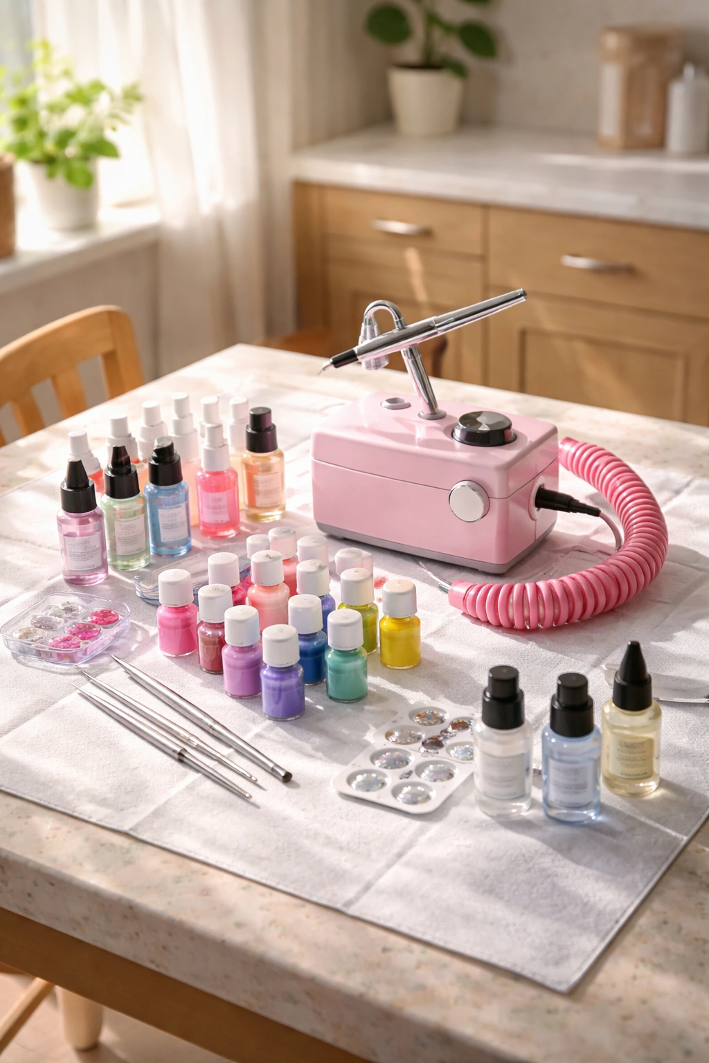 Organized home airbrush station with tools neatly laid out