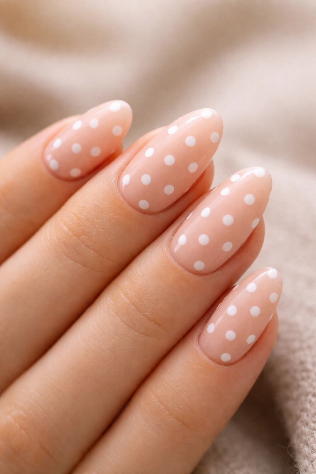 Short almond nails with clean, evenly spaced dots