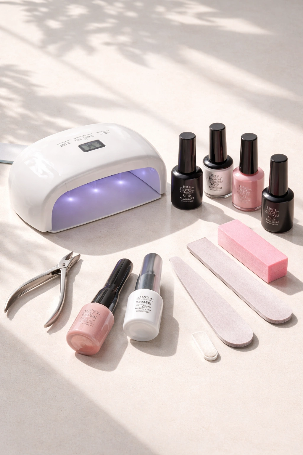 At-home gel nails setup suggesting savings and practicality without salon visits