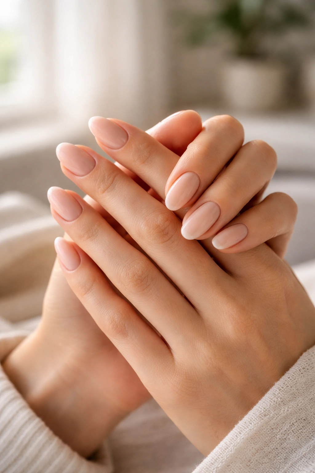 Hands with short almond nails in a neat, elegant home setting