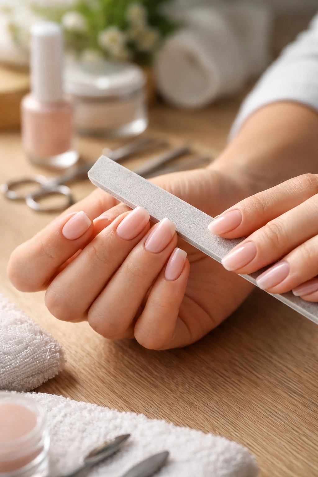 Hand shaping natural nails at home with a file, demonstrating DIY shaping.
