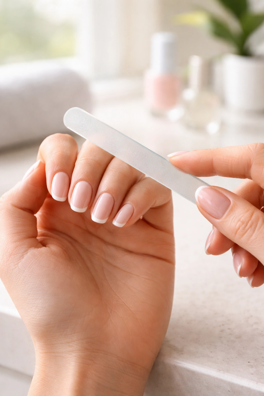 Close-up of hands filing nails with a glass nail file to maintain nail shape at home