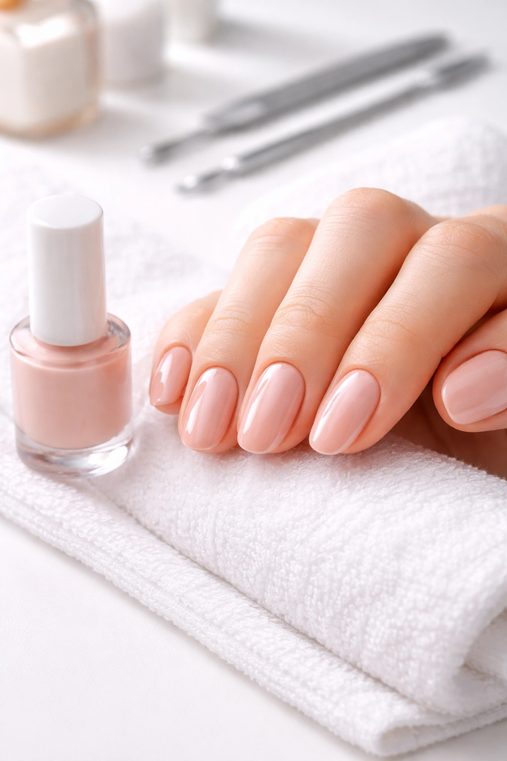 Hand with glossy neutral manicure on clean surface