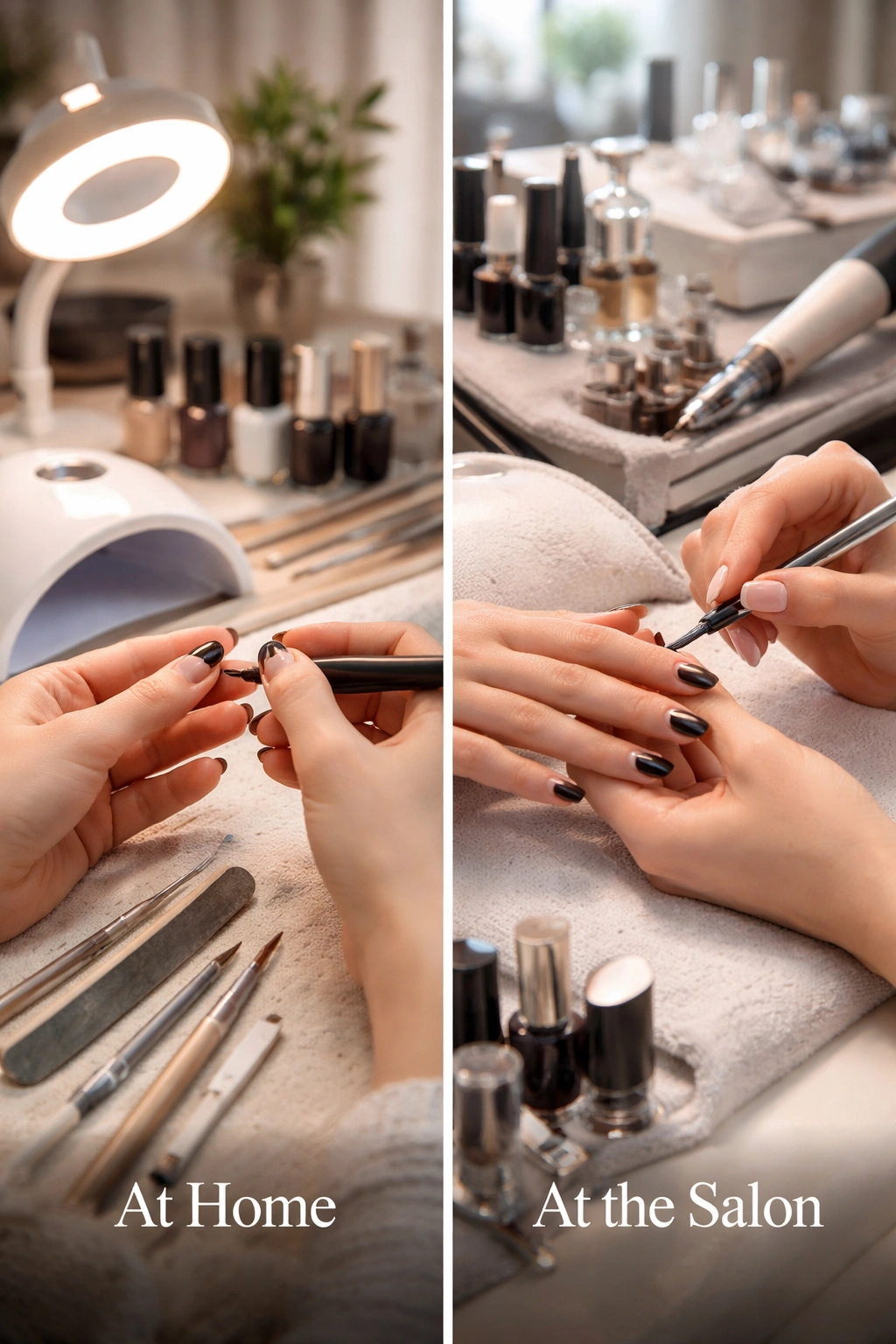 Split-screen showing home manicure setup and salon manicure setup for black French designs