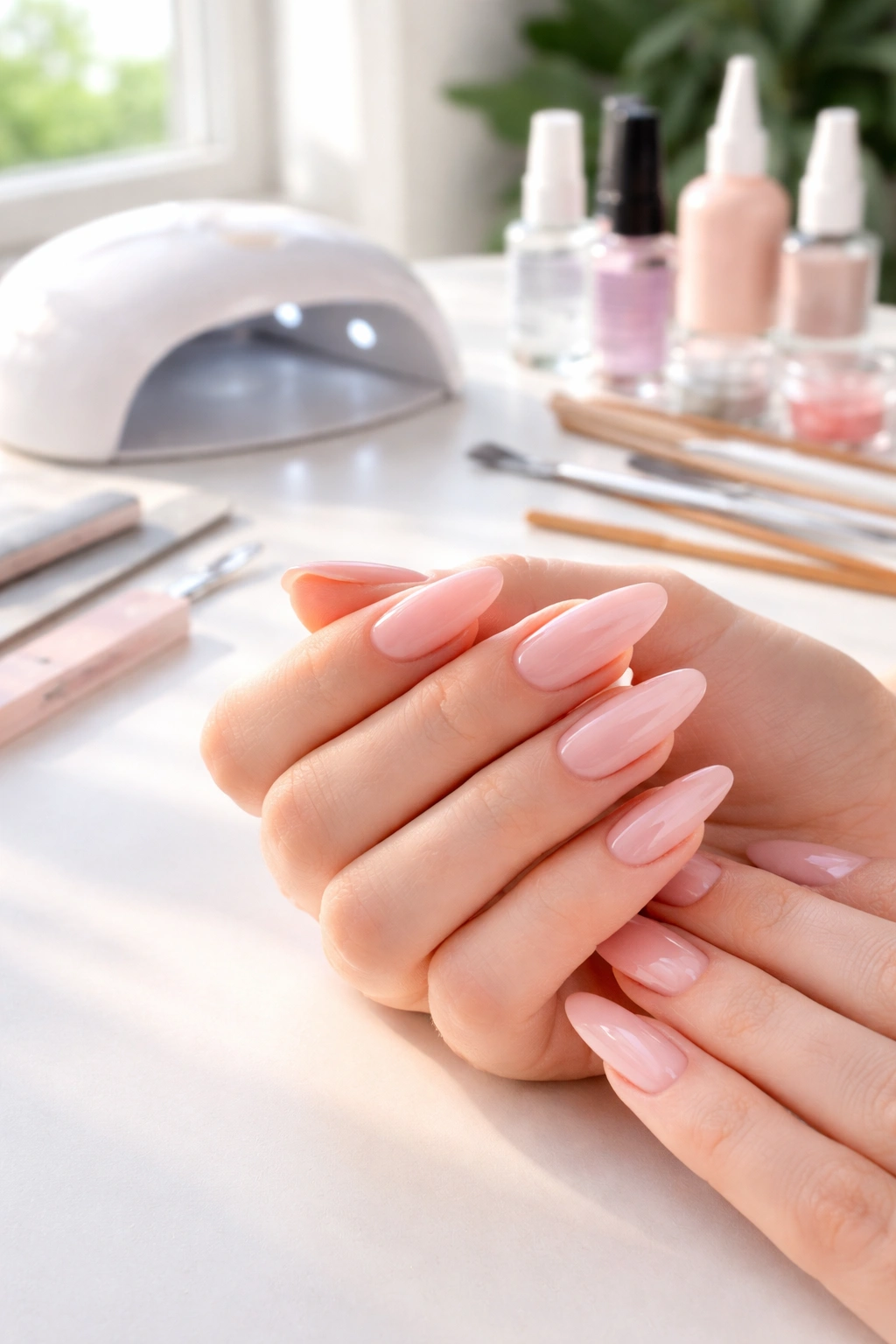 Close-up of hands with acrylic nails on a clean desk highlighting DIY nail care at home