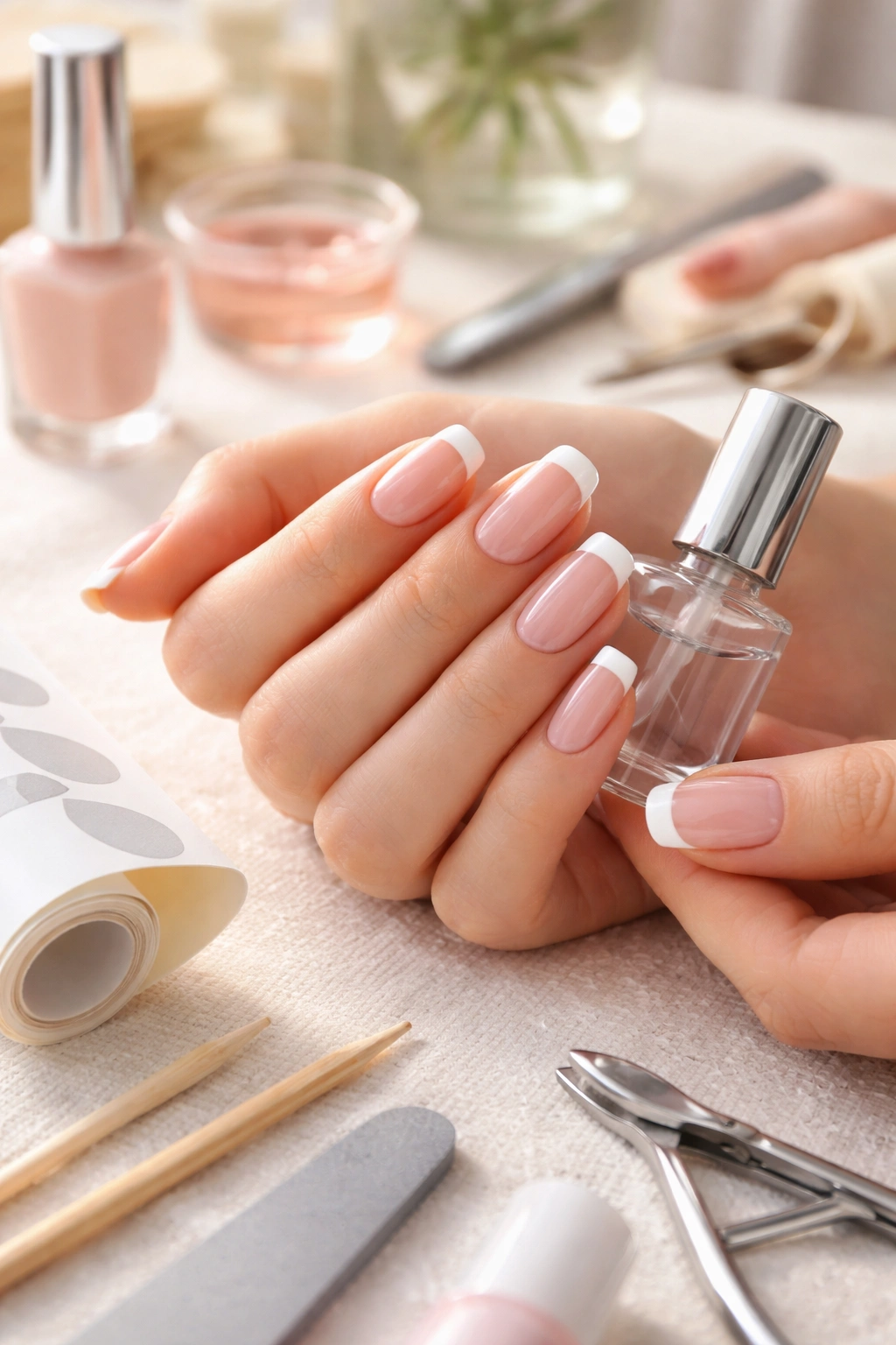 Hands displaying a DIY French manicure in a home vanity setting