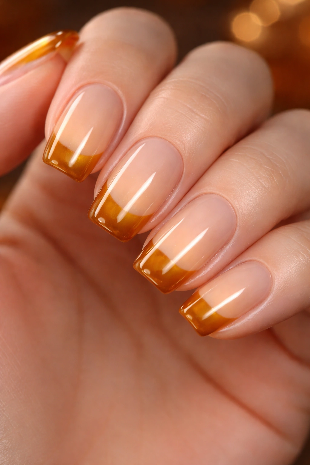 Close-up of nails with warm honey amber French tips on a nude base.