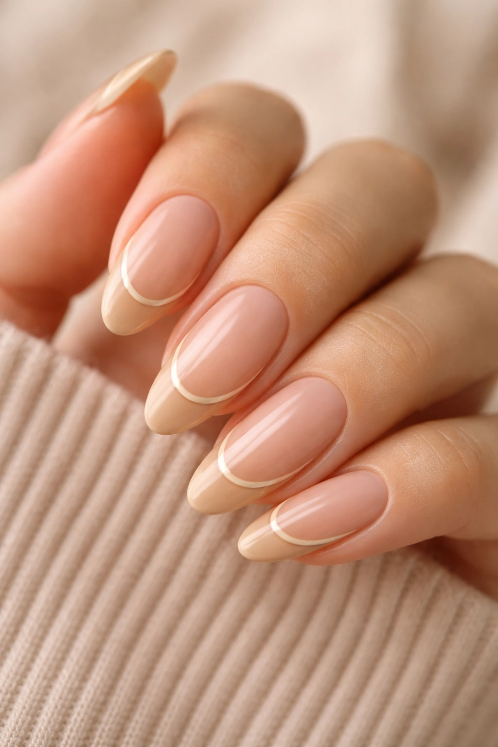 Almond nails with honey beige double-line French curve