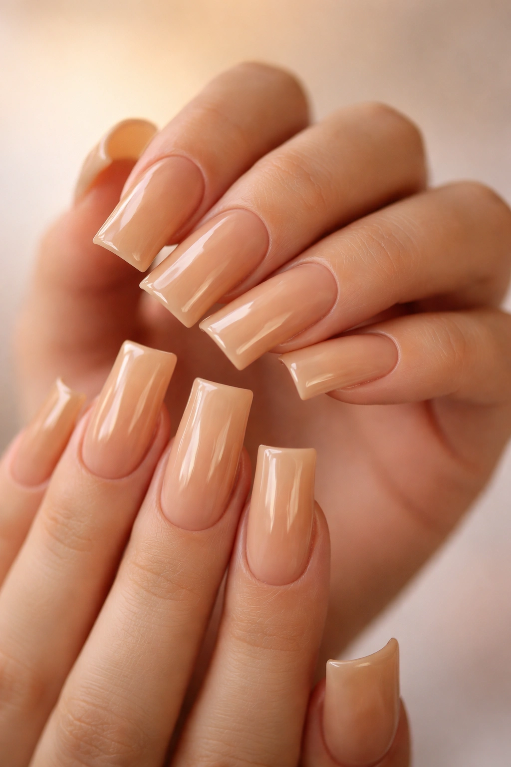 Close-up of duck nails in honey blonde shade with glossy finish