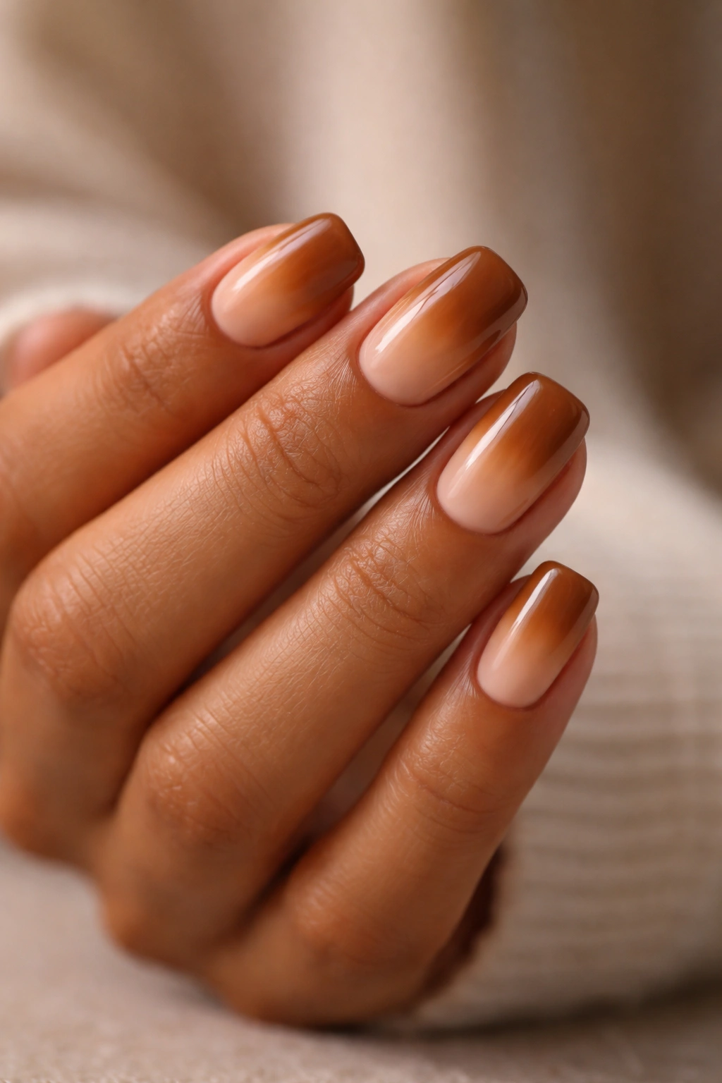 Close-up of honey brown nails fading into nude at tips