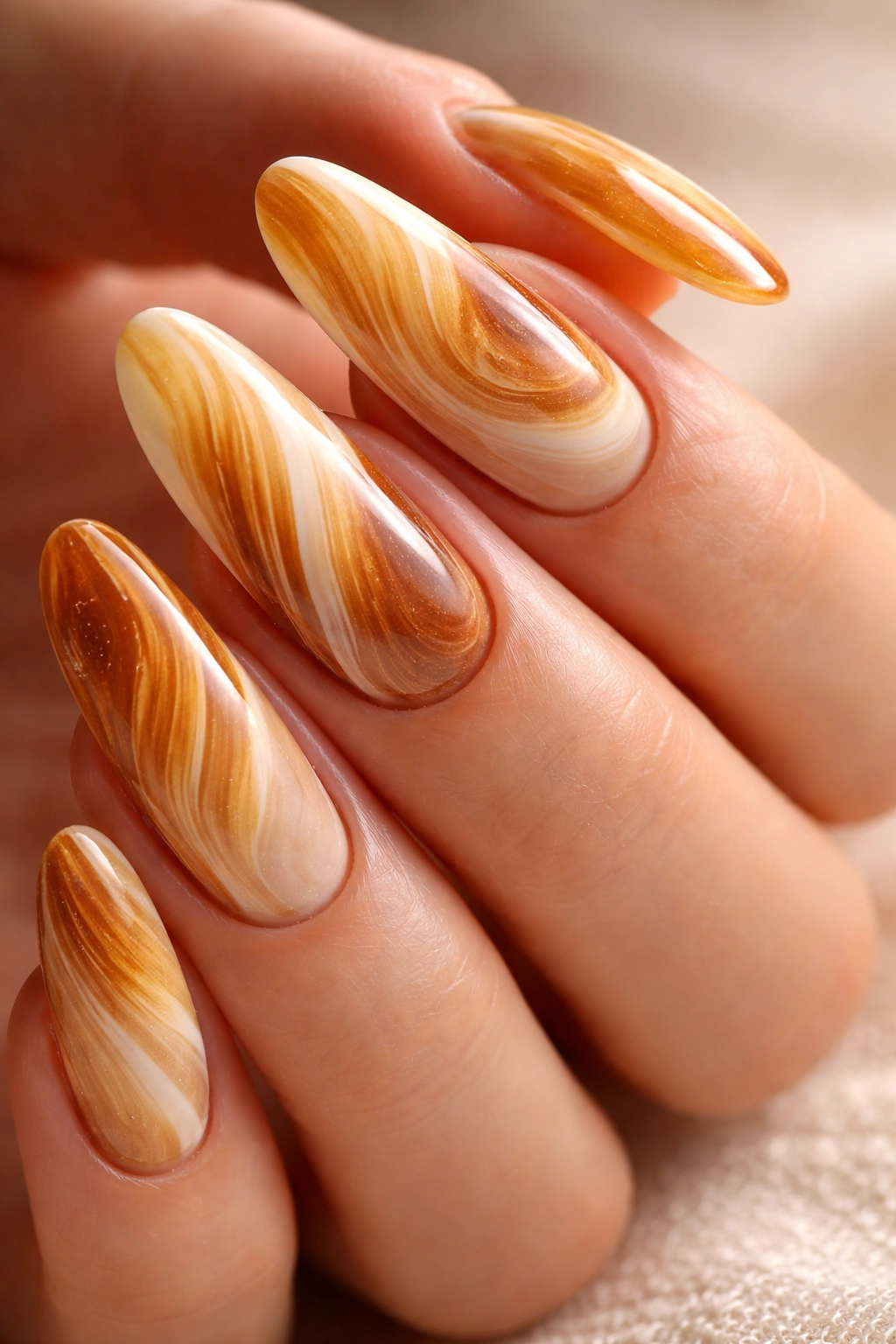 Close-up honey caramel swirl on long oval nails with warm tones