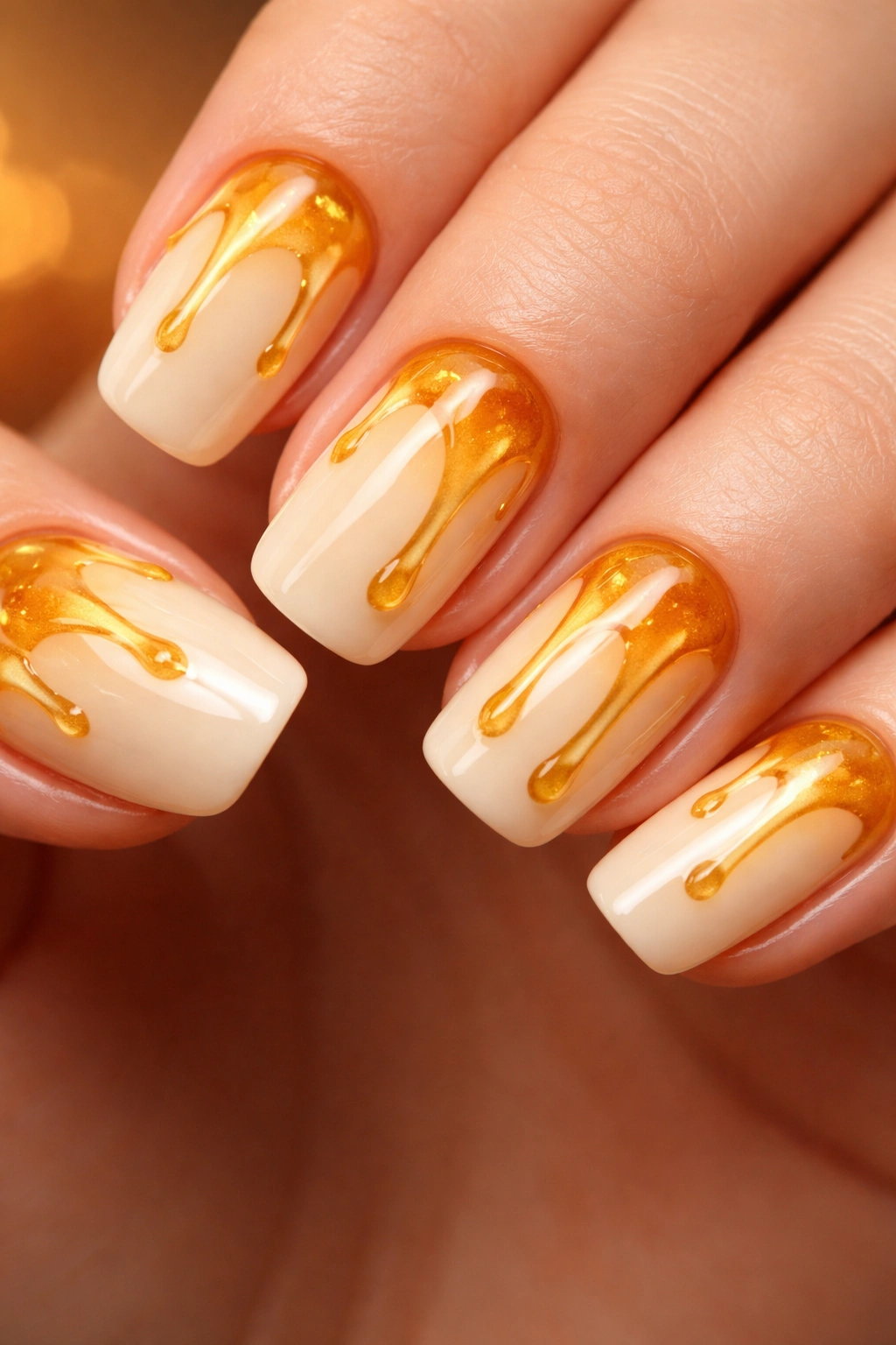 Nails with honey drip design on pale cream base.