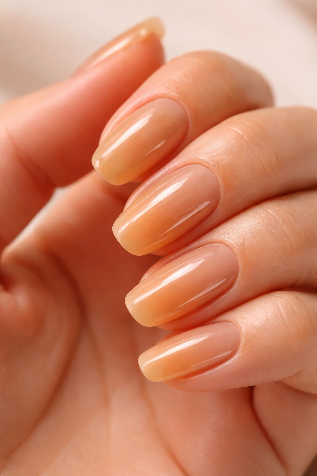 Close-up of honey glaze nails with translucent warm glaze
