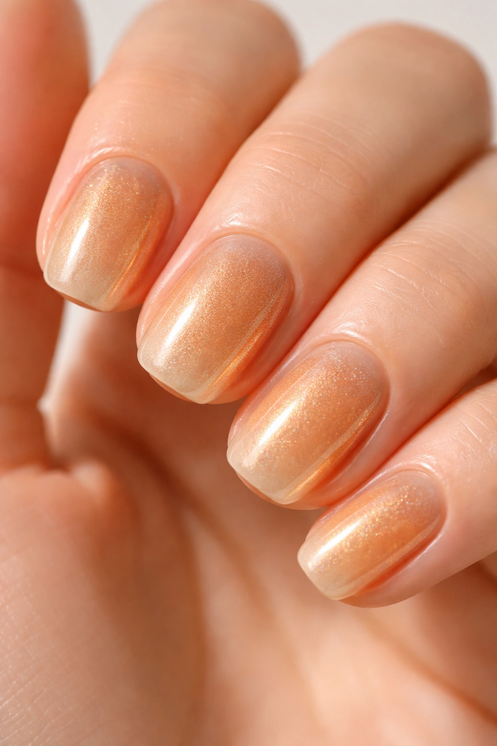 Close-up of nails with honey-colored glaze and fine shimmer