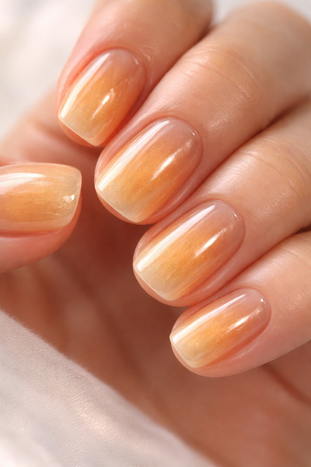 Close-up of honey gold glazed nails on short squoval nails