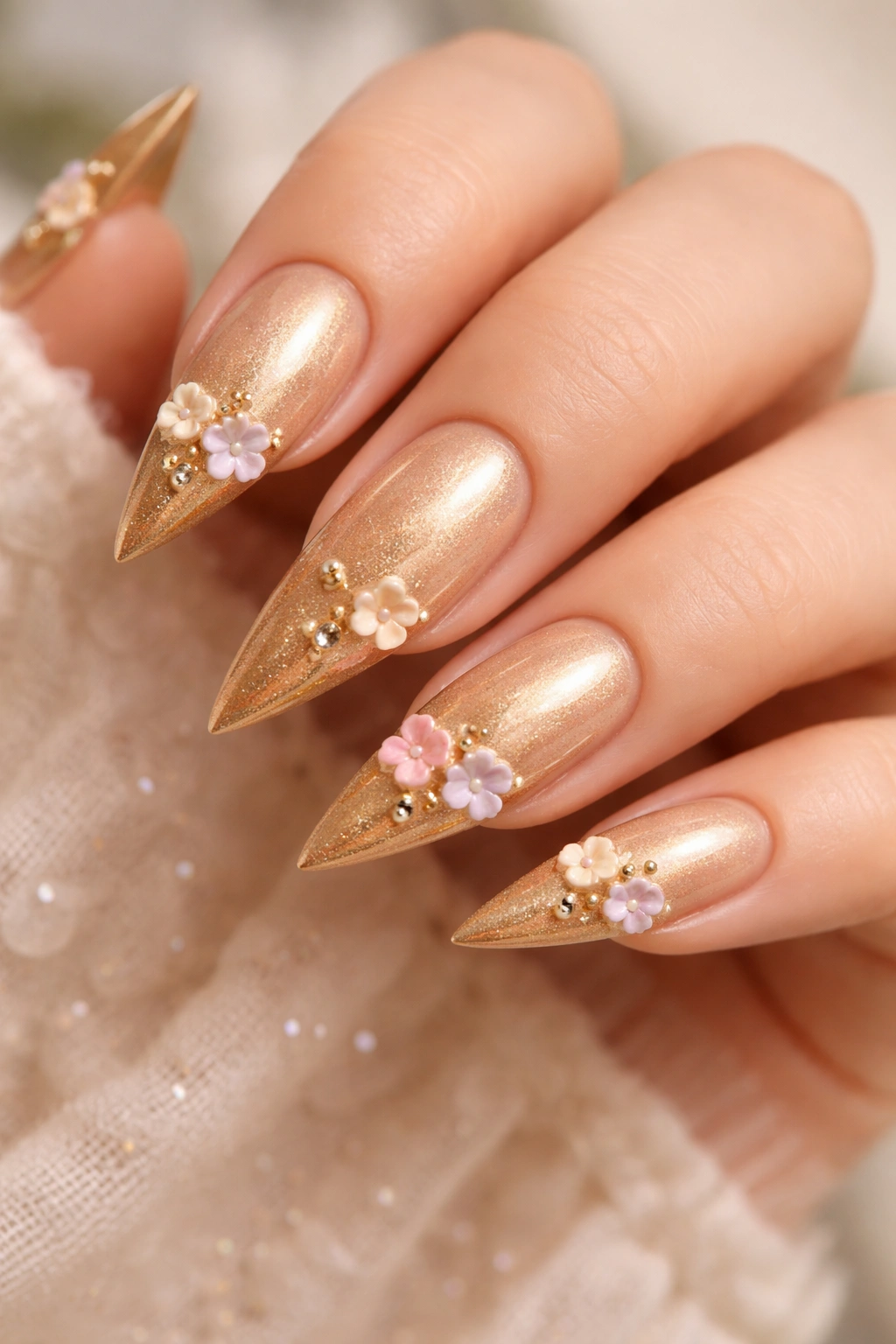 Close-up of warm honey gold stiletto nails with tiny enamel flower charms near the tips in soft pink and cream tones.
