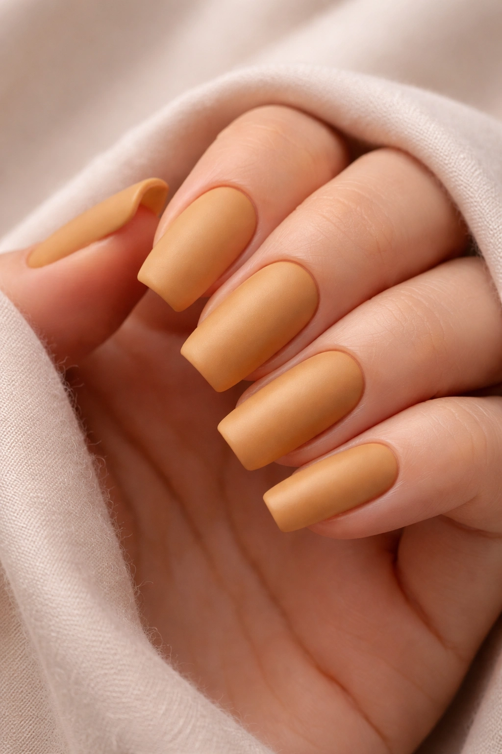 Close-up of warm honey gold nails with matte finish