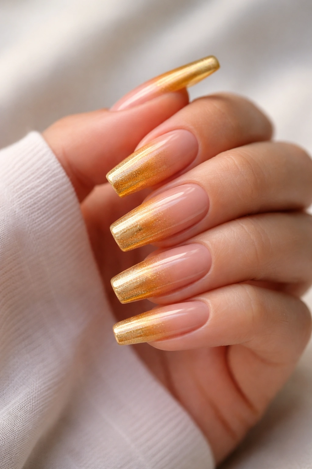 Close-up of medium coffin nails with nude base and honey gold overlay