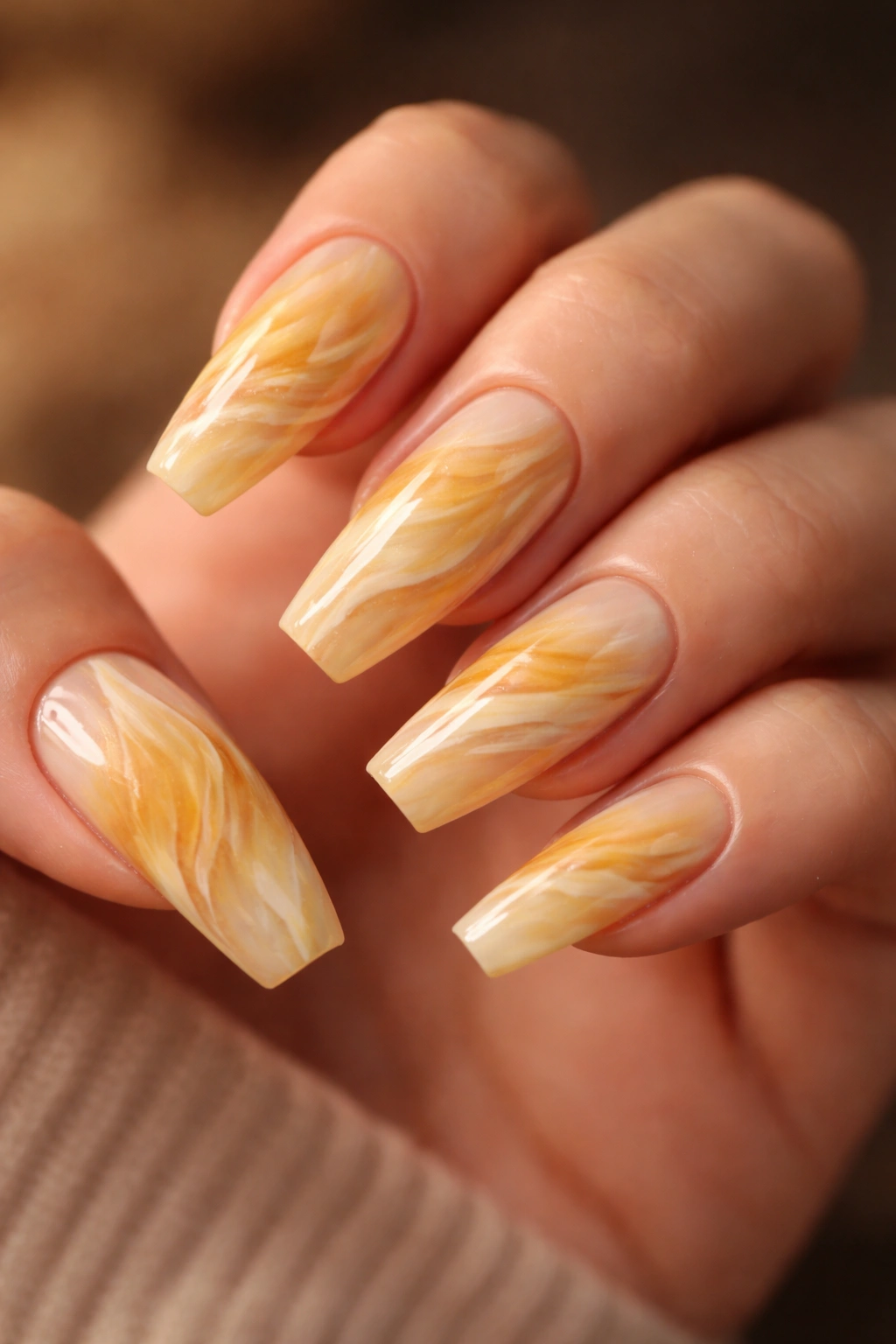 Close-up of nails with honey-yellow marble swirls and cream/amber tones on a nude base