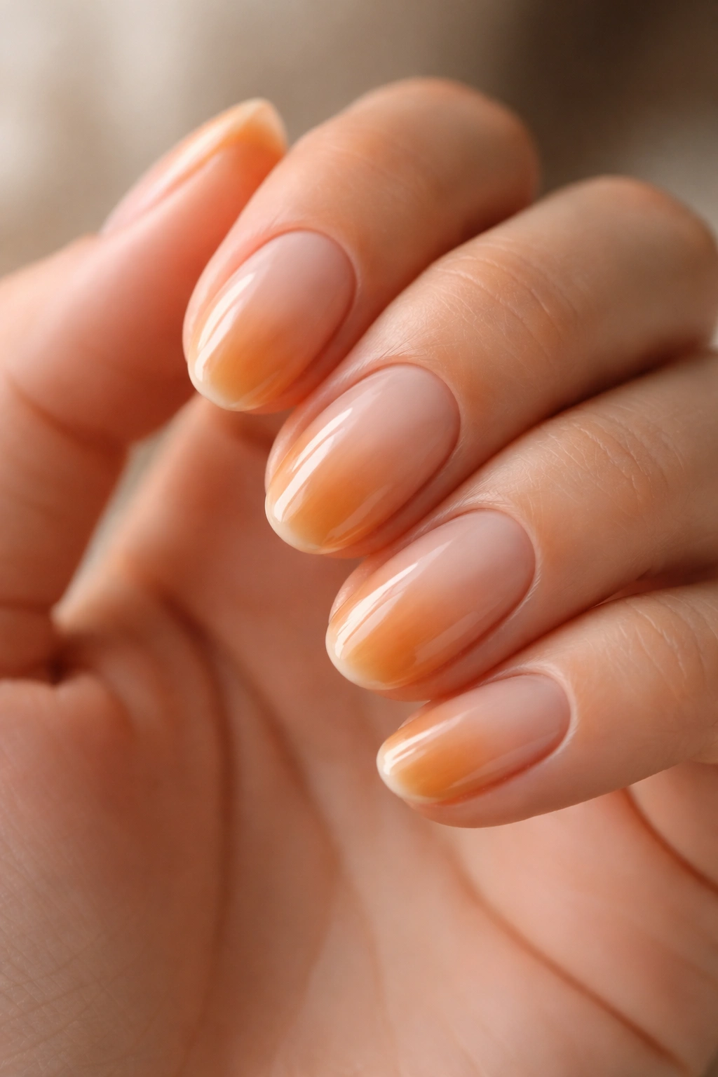 Close-up of short oval nails with honey nude ombre gradient