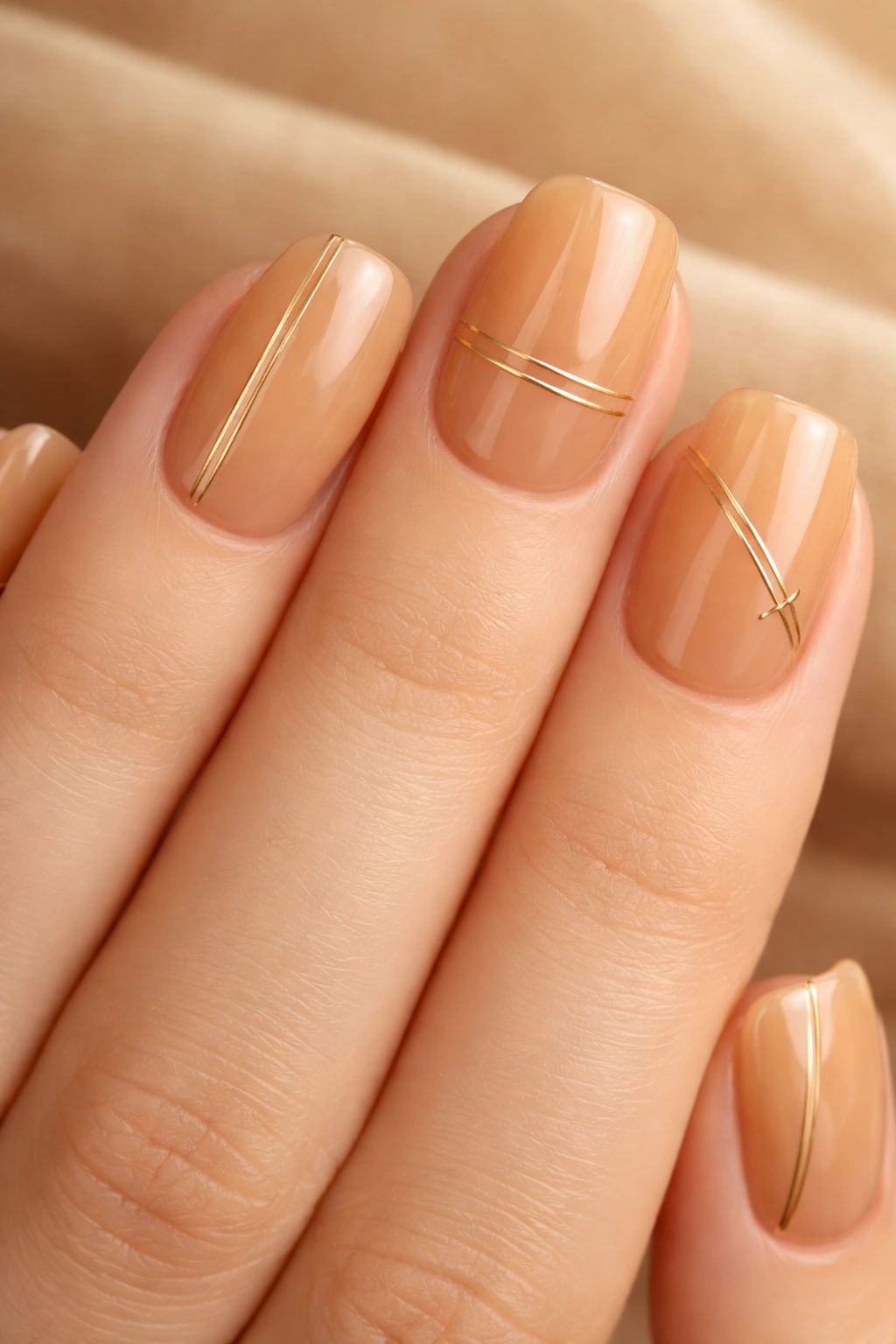 Warm honey-toned nails with fine gold stripes on short squoval nails
