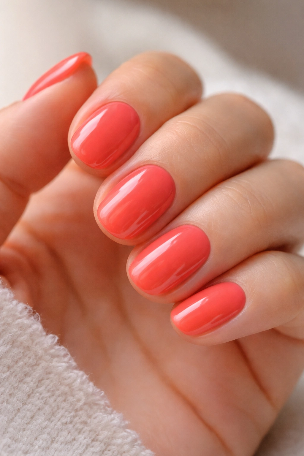 Close-up of hot coral short oval nails with glossy finish